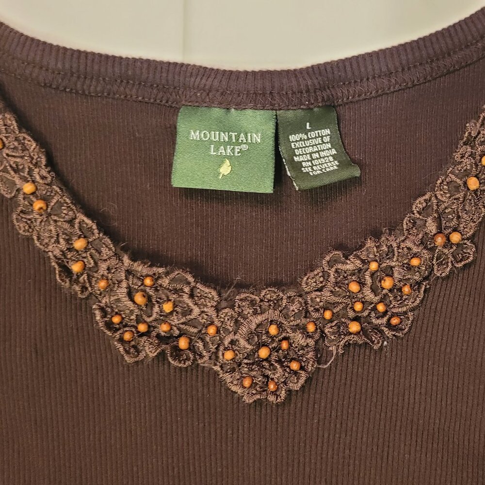 Brown Ribbed Tank Top Embellished Mounain Lake Womens Size L - Picture 5 of 11